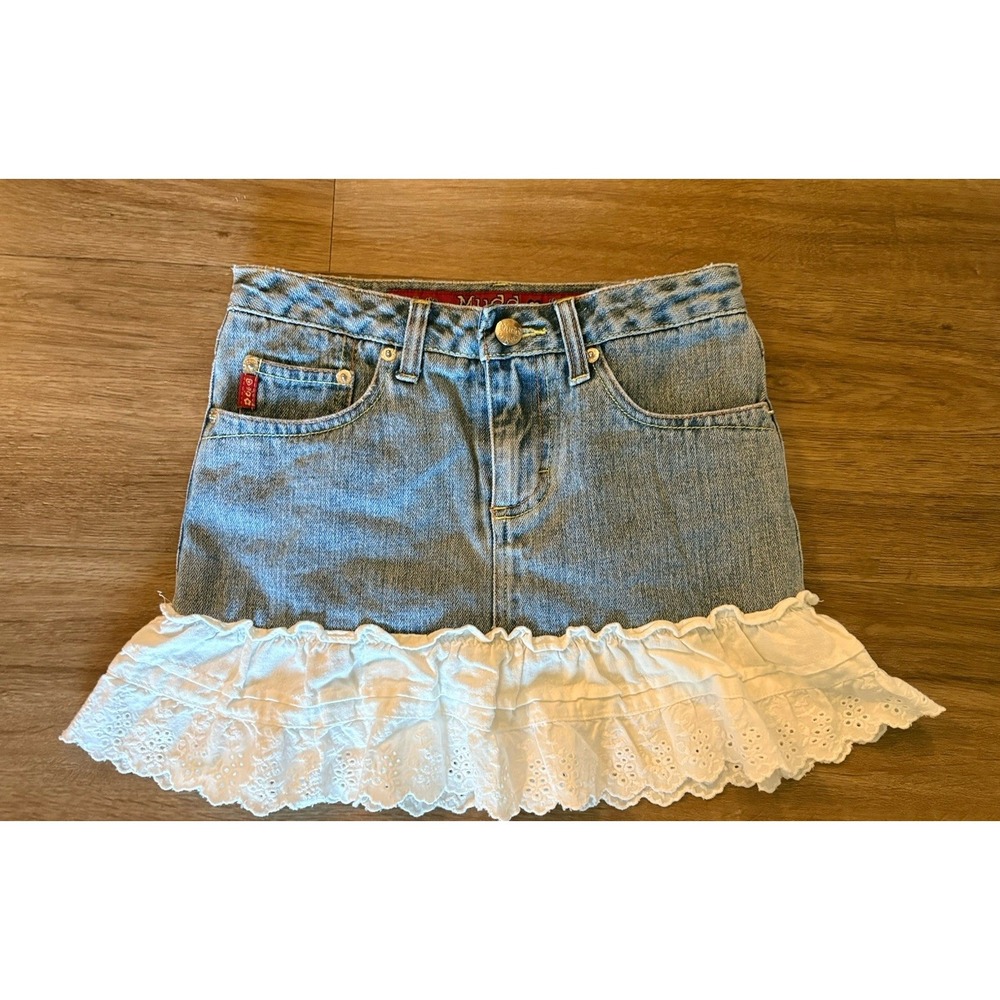 Mudd Vintage Y2K Denim Eyelet Lace Tiered Mini Skirt Blue White Size S Youth